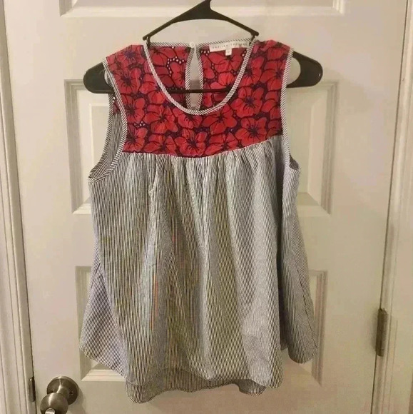 English Factory Floral Tank Size M Blue Red Blouse Striped #G217 - Picture 1 of 5